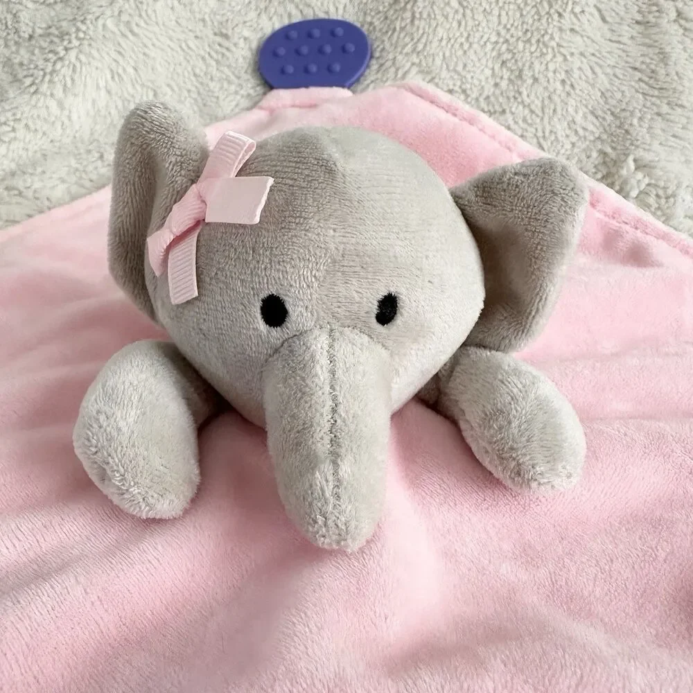 Modern Baby Elephant Pink Plush Security Blanket Lovey Teether Rattle 11”